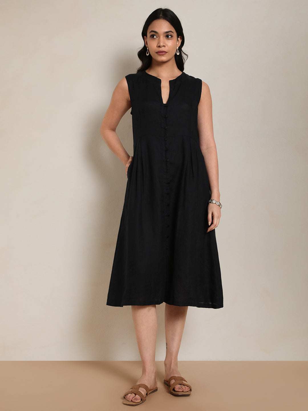 Linen Round Neck Dress in Dark Navy 100% Pure Linen | Effortless Everyday Wear by Ecothread